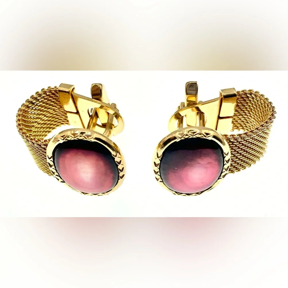 Vintage Gold Tone Mesh Wrap Around Cufflinks Red Cabochon Center